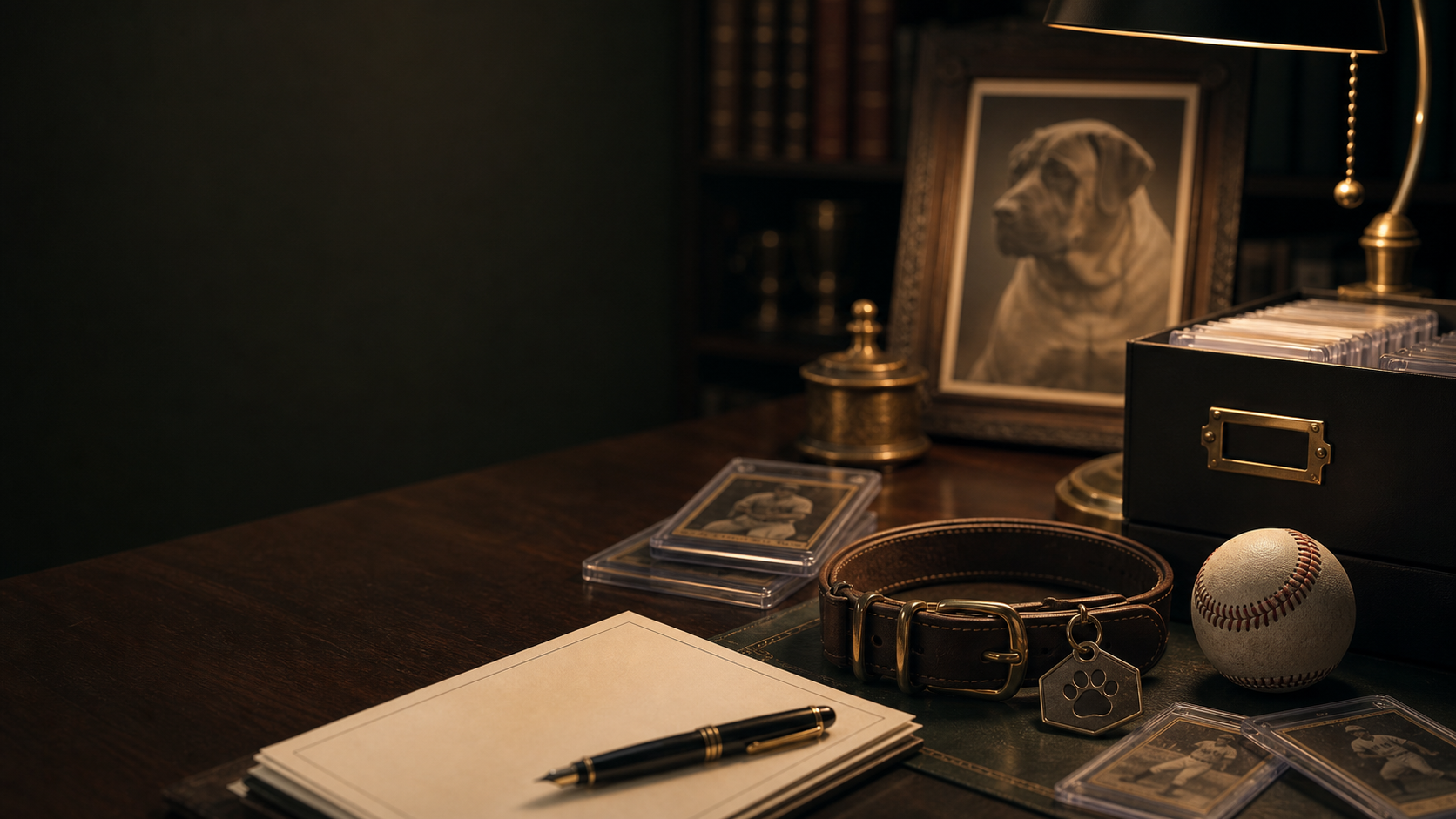 Elegant desk scene blending Moose's rescue story with baseball collectibles