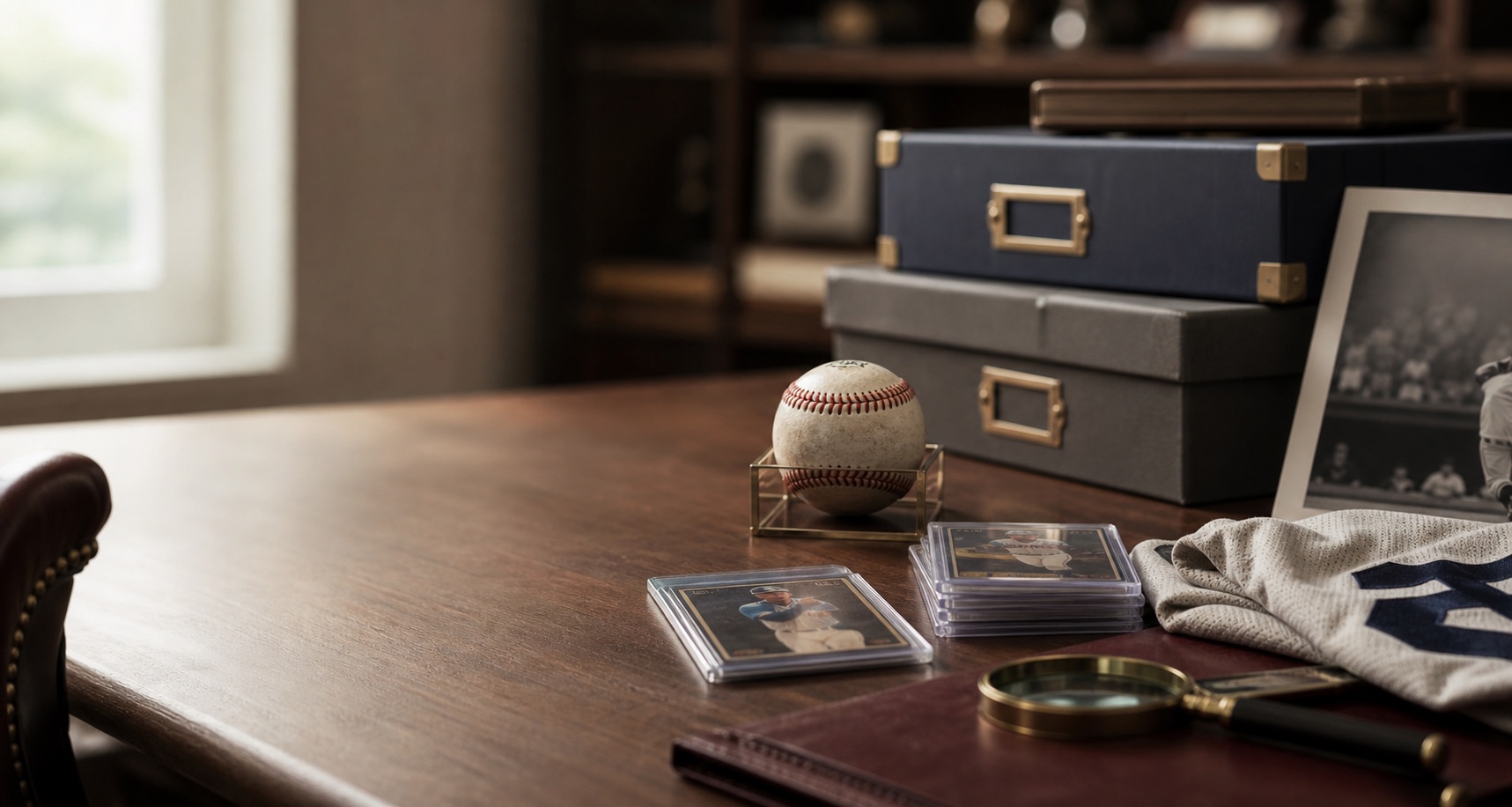 Sports cards and memorabilia arranged on a private appraisal desk