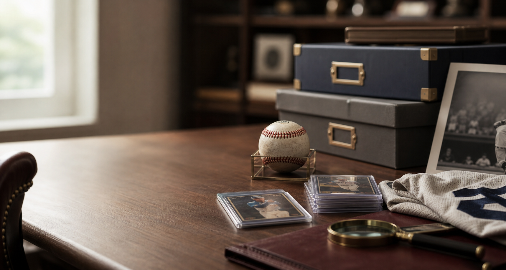 Collectibles appraisal desk with sports cards and memorabilia