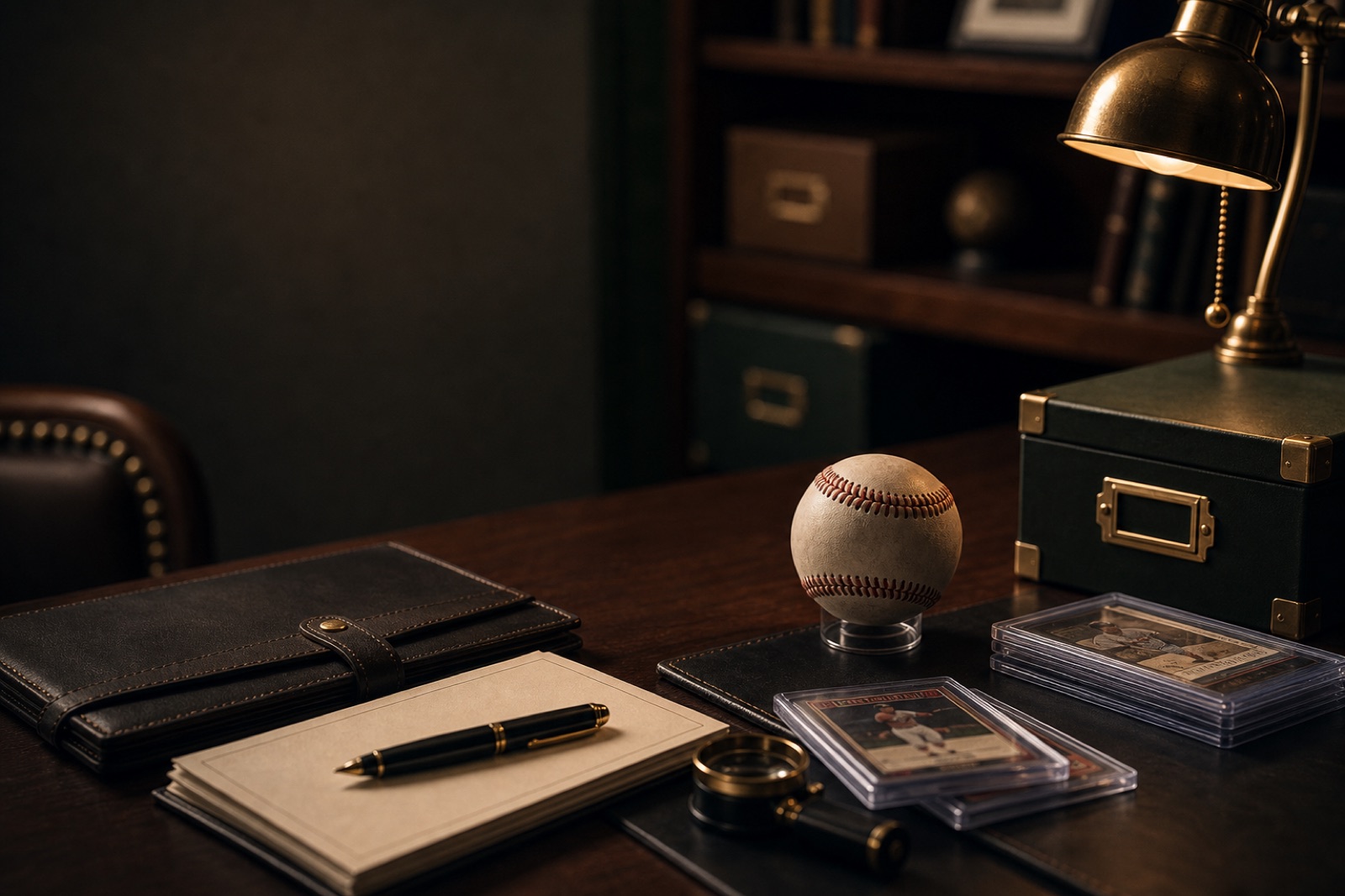 Refined private review desk with baseball, sports cards, notes, and warm vintage lighting