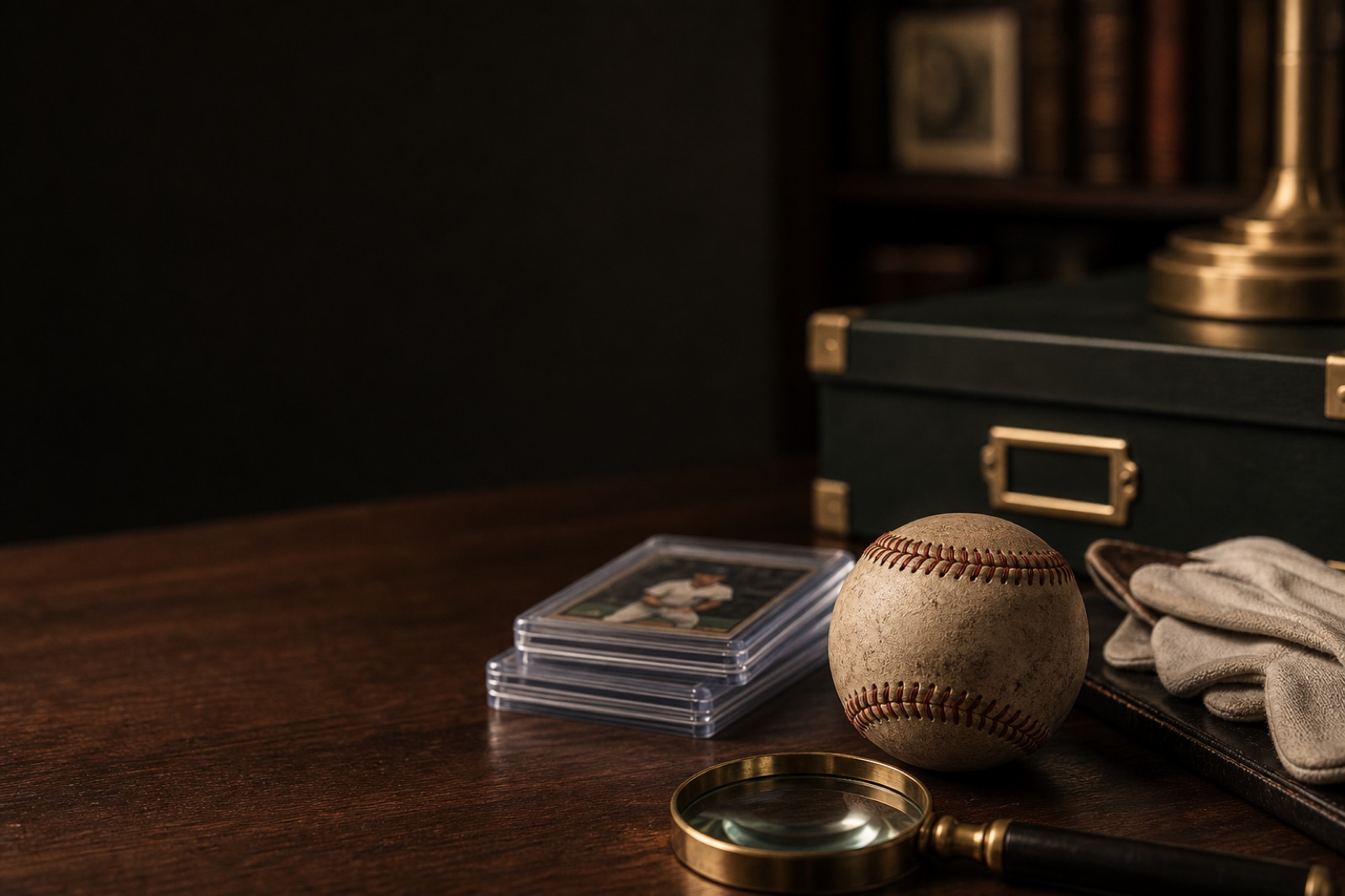 Baseball and sports cards on a warm private review desk