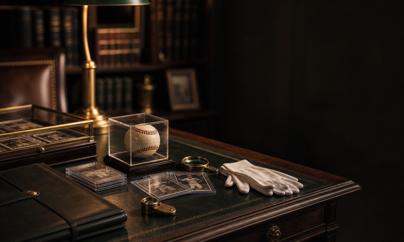 Private memorabilia review desk with cards, baseball, gloves, and magnification tools