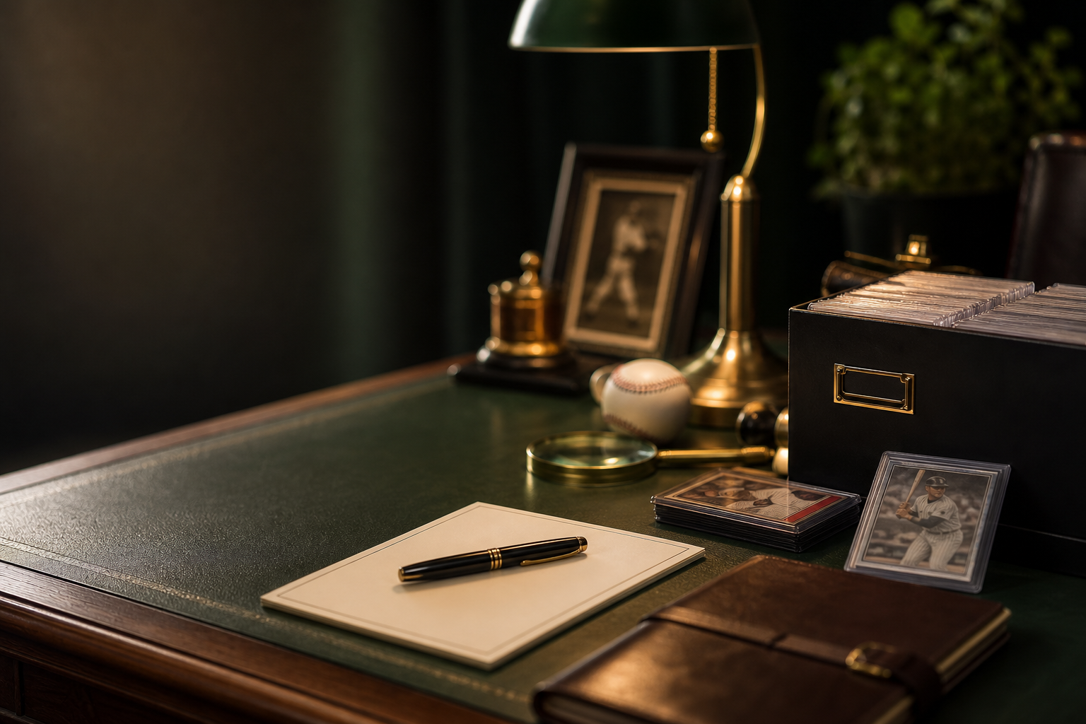 Private collectibles consultation desk with stationery and appraisal materials