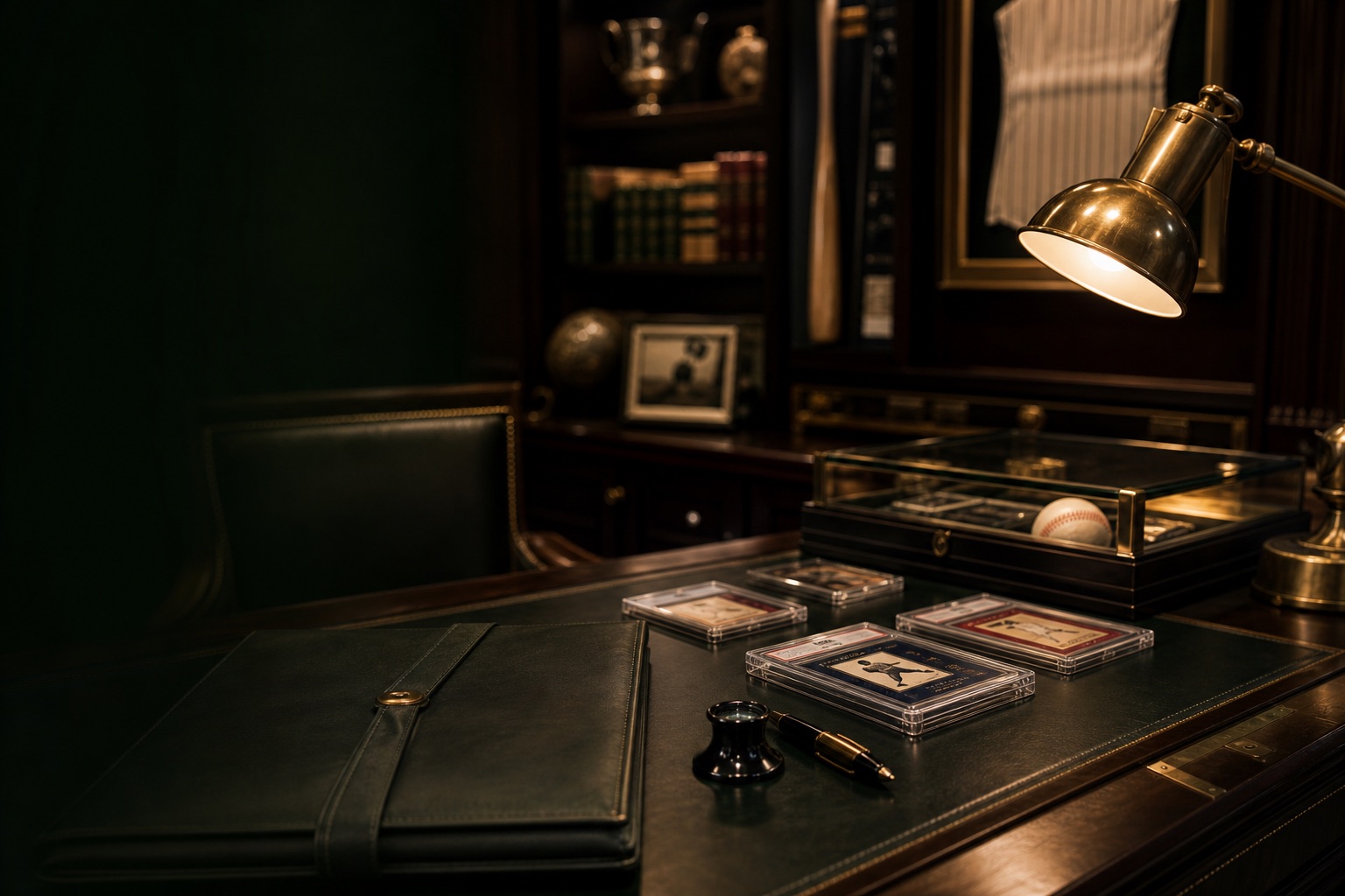 Private Client desk scene with significant sports collectibles in controlled lighting