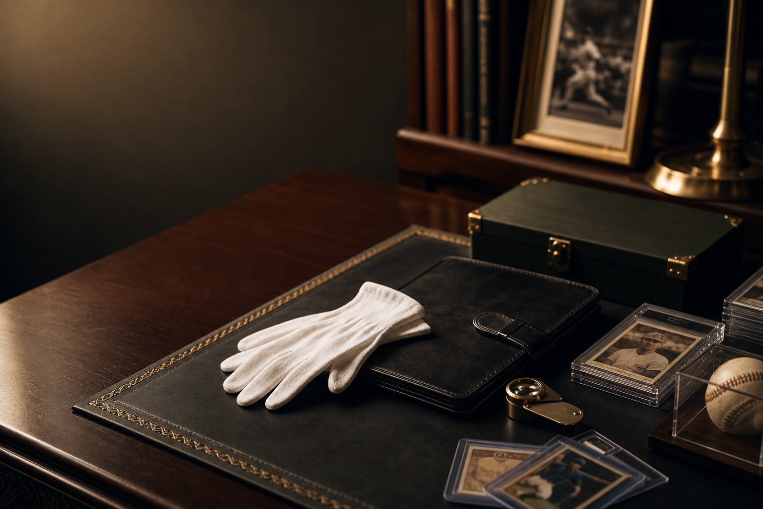 Private appraisal desk with archival sports memorabilia materials