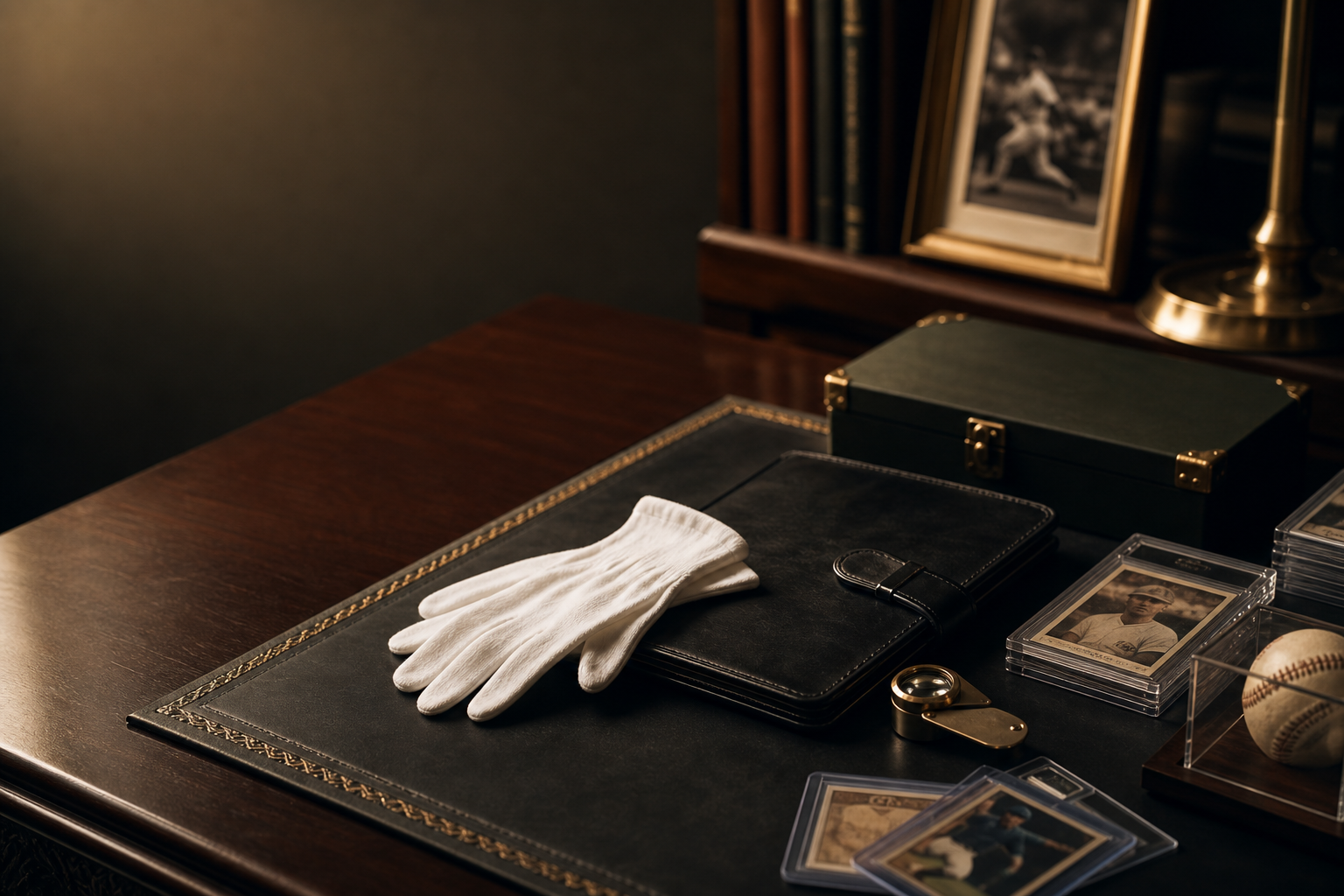 Private collectibles appraisal desk with archival materials
